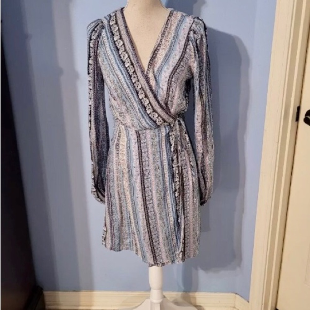 Blue Rain Silver Gray Wrap Dress with Bishop Sleeves